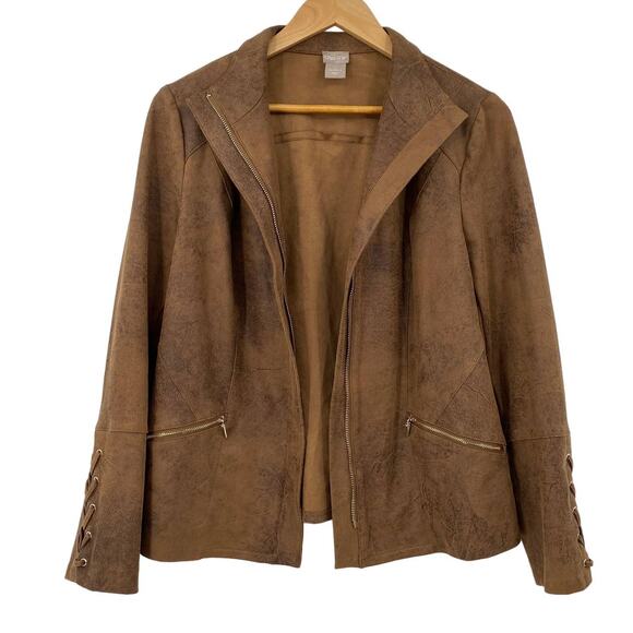 Chicos Faux Suede Jacket Zipper Front Moto Lace Up Sleeves Brown Womens Small 4 - Picture 3 of 8